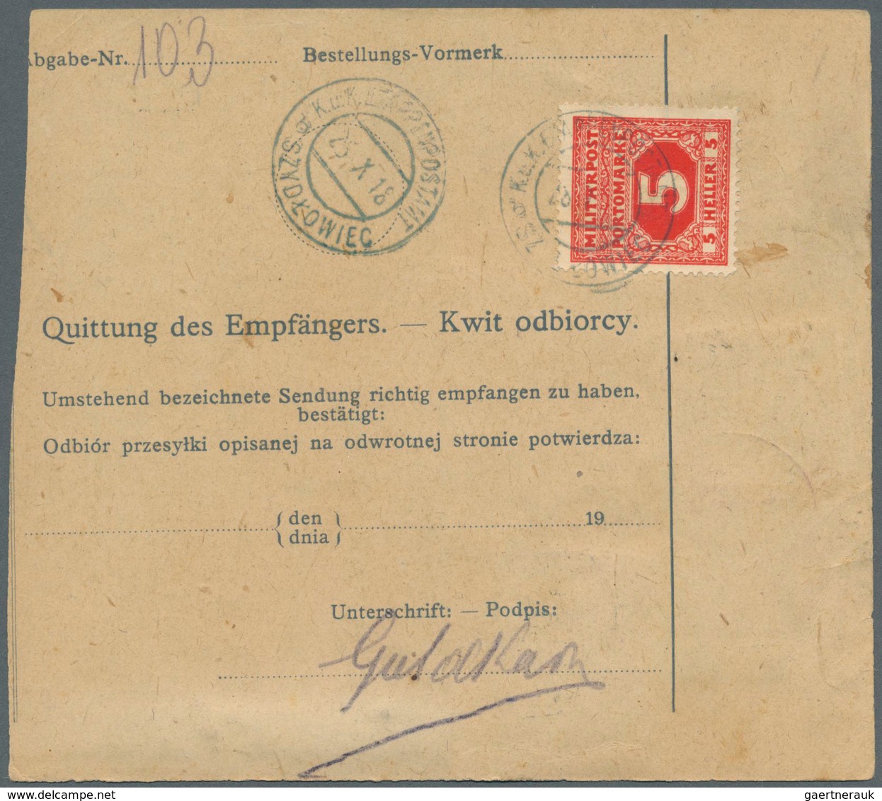 Österreichisch-Ungarische Feldpost - Allgemeine Ausgabe: 1918 (25.10.), Postbegleitadresse Frankiert - Autres & Non Classés