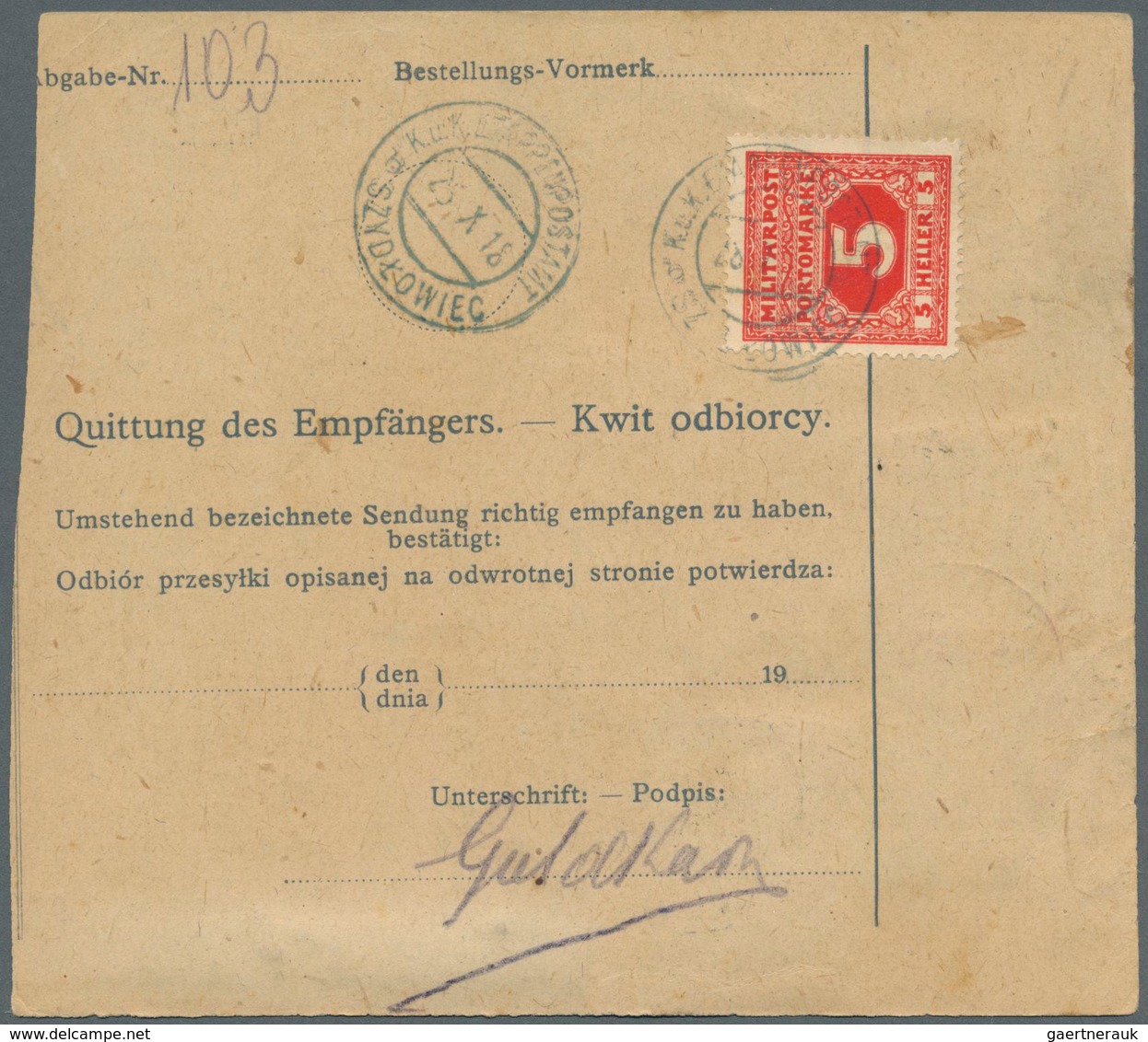 Österreichisch-Ungarische Feldpost - Allgemeine Ausgabe: 1918 (25.10.), Postbegleitadresse Frankiert - Other & Unclassified