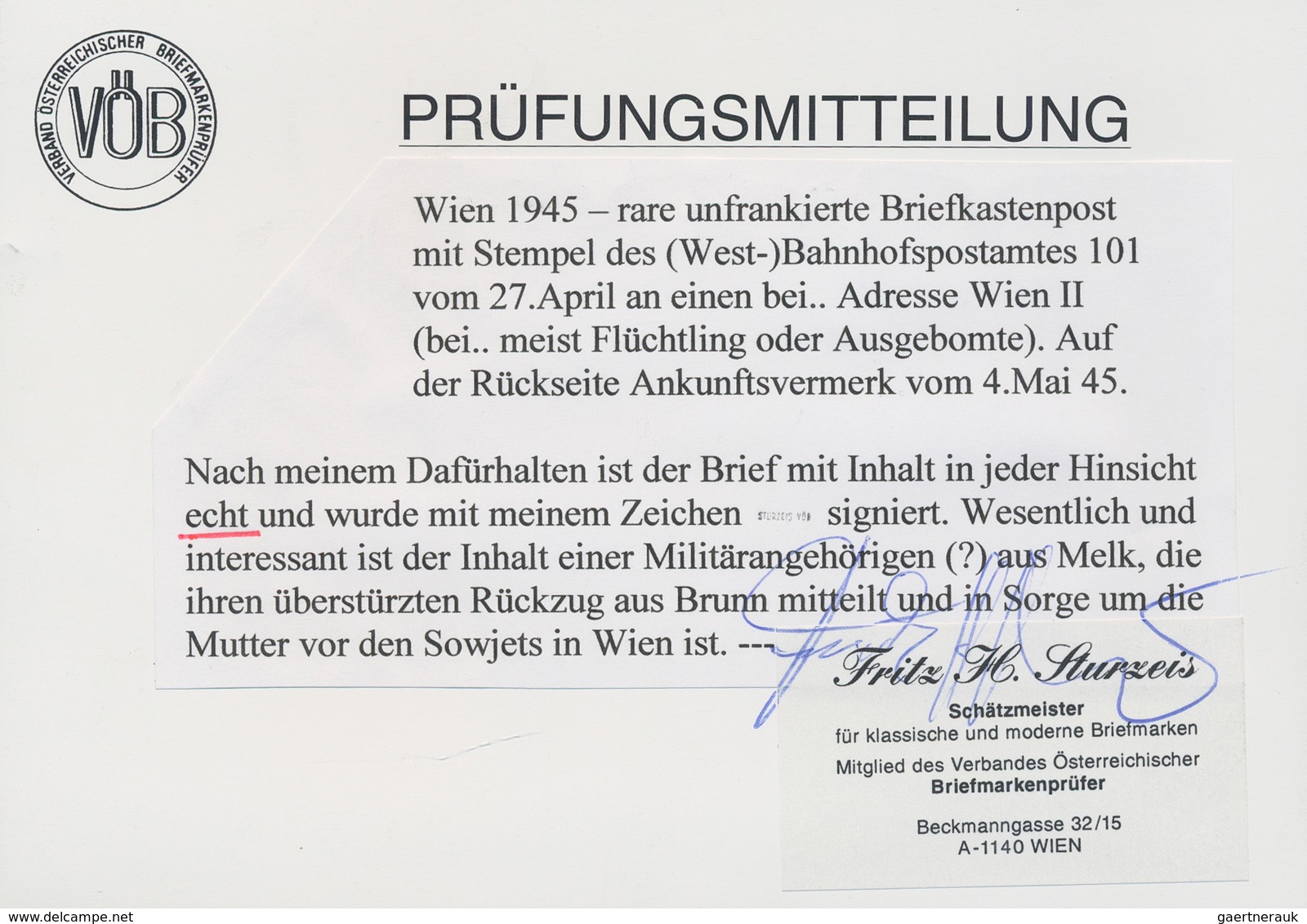 Österreich - Ostmark: 1945, WIEN: Unfrankierter Ortsbrief Aus Der BRIEFKASTENPOST, Datiert Vom 6.4.1 - Sonstige & Ohne Zuordnung