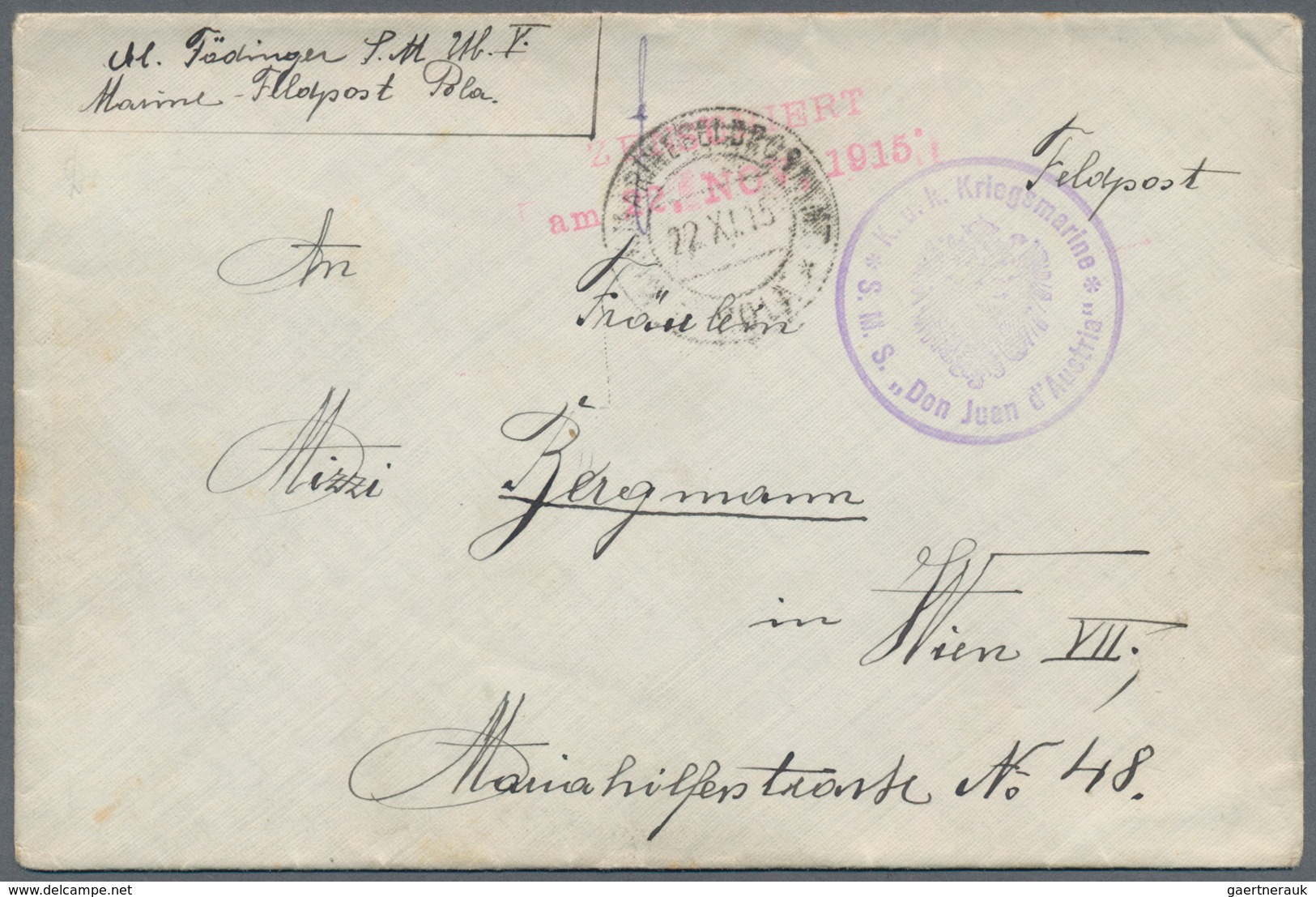 Österreich - Militärpost / Feldpost: 1915. Marineschiffspost (MSP) From Member Of Unterseeboot V (Ub - Autres & Non Classés