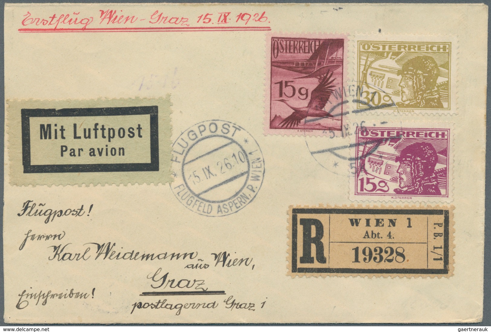 Österreich - Flugpost: 1926, Erstflug Wien-Graz A "FLUGPOST 15.IX.28 FLUGFELD ASPERN B. WIEN". Rücks - Autres & Non Classés