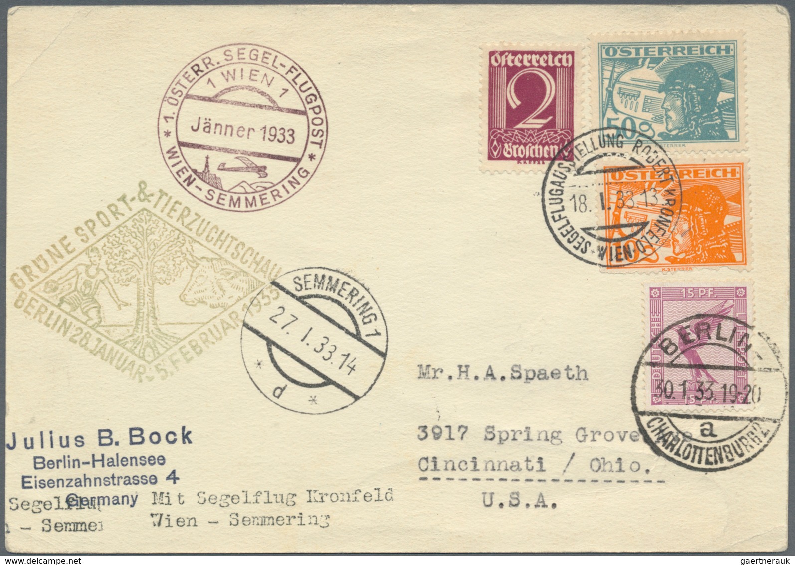 Österreich - Flugpost: 1933, Segelflug Kronfeld Wien-Semmering, Postkarte Mit Bunter Frankatur Mit S - Autres & Non Classés