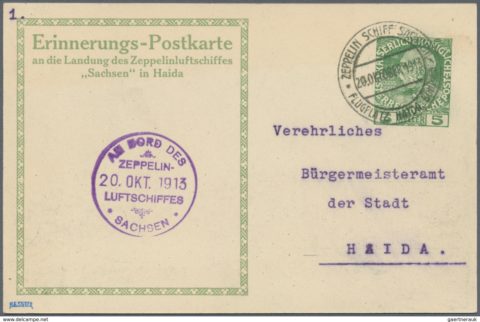Österreich - Zeppelinpost: 1913, LZ 17 SACHSEN, 5 H Franz-Josef Privat-GSK "Zeppelin über Haida, Kir - Autres & Non Classés