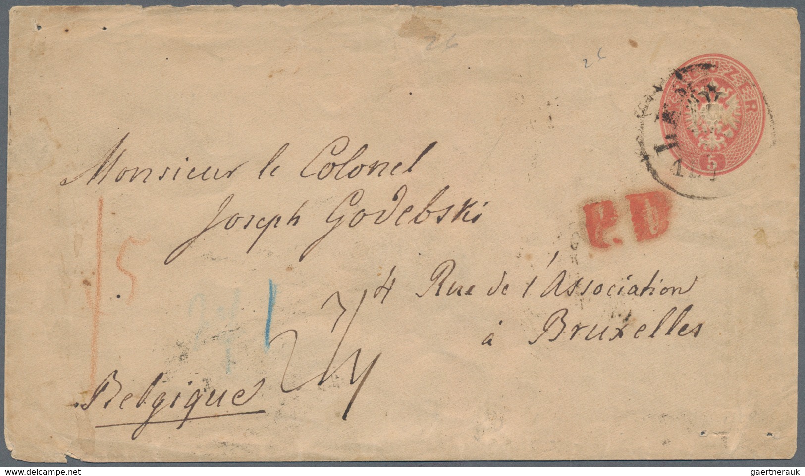 Österreich - Ganzsachen: 1866, 5 Kr Rot Ganzsache Von LEMBERG Nach Brüssel/Belgien Mit Rotem "P.D."- - Other & Unclassified