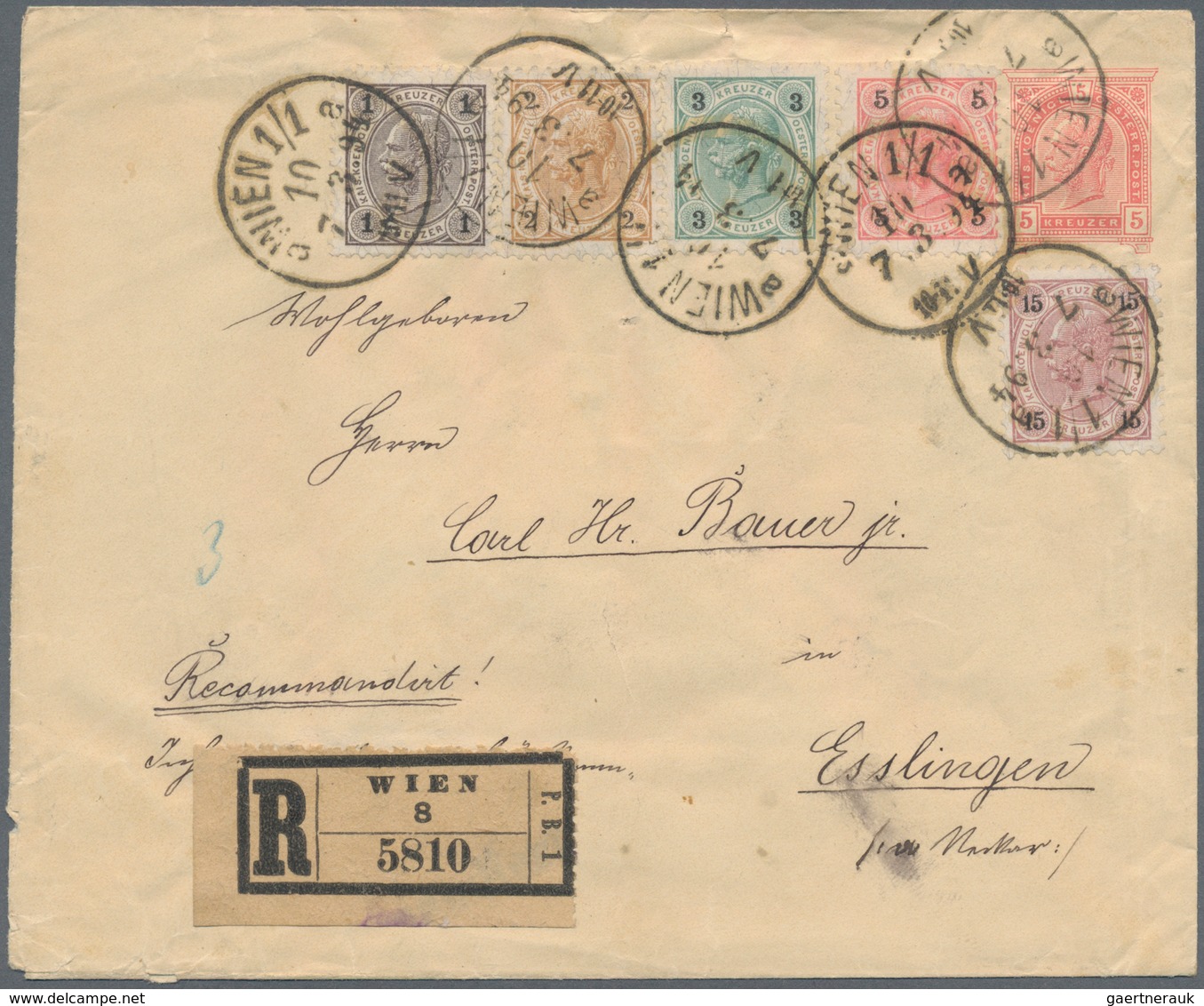 Österreich - Ganzsachen: 1894, 5 Kr Rosa Mit 5-Farben-Zusatzfrankatur Auf R-Brief Von Wien Nach Essl - Autres & Non Classés
