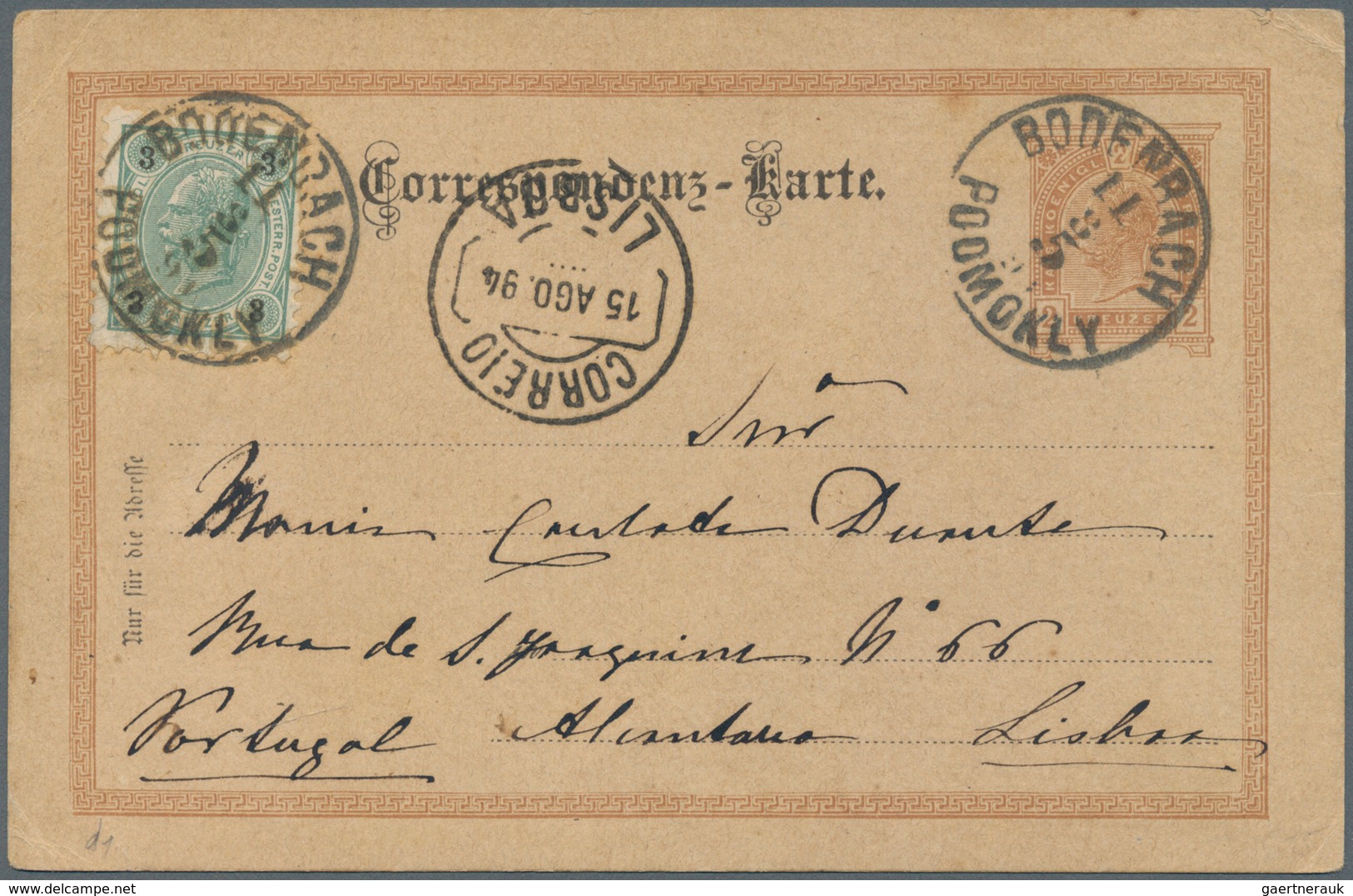 Österreich - Ganzsachen: 1894, 2 Kr Braun Ganzsachenkarte Mit Zusatzfrankatur Von Bodenbach Nach POR - Autres & Non Classés
