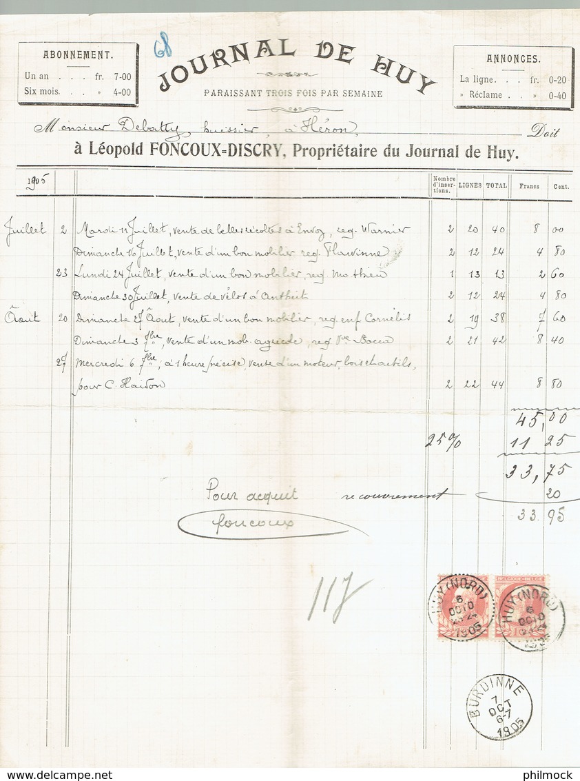 M.Facture Journal De Huy - Obl Burdinne Et Huy(Nord) Le 6-Octo-1905 Sur 74x2 Par Burdinne Vers Héron - 1900 – 1949