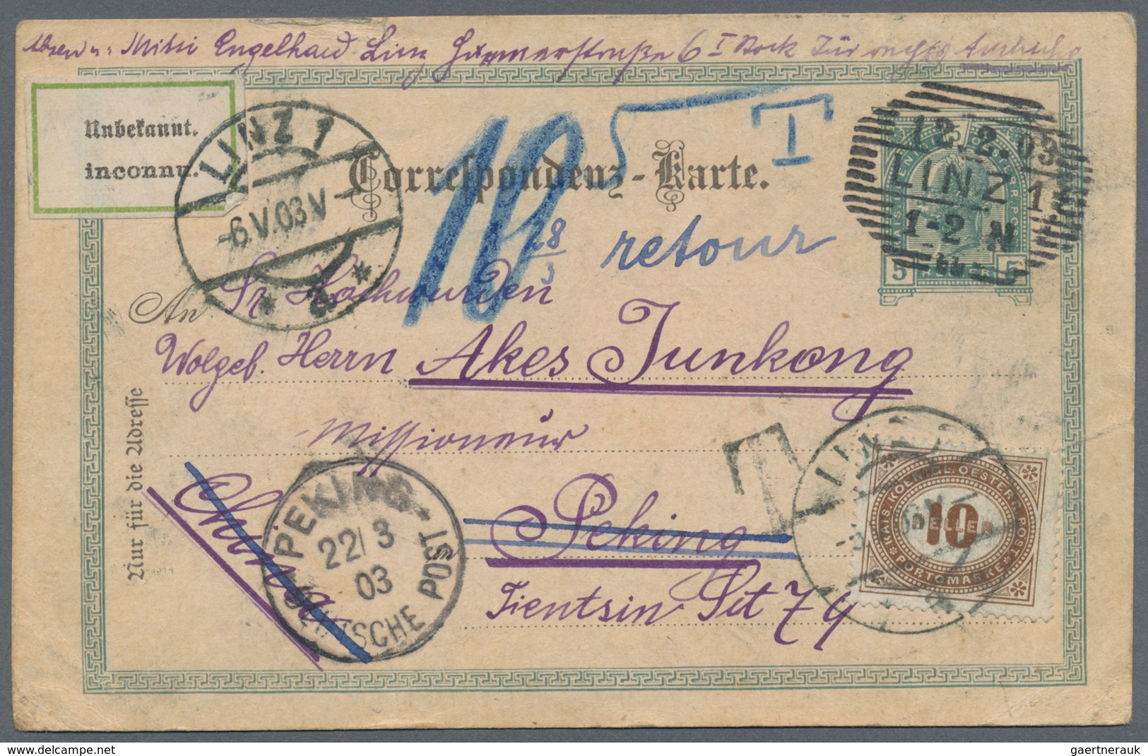 Österreich - Ganzsachen: 1903, 5 Heller Ganzsachenkarte Ab "LINZ 12.2.03" Adressiert Nach Peking, Do - Autres & Non Classés