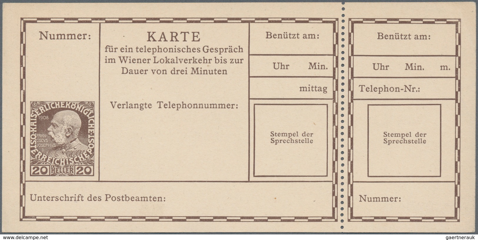 Österreich - Ganzsachen: 1908. Telefonkarte 20 H Schwarzbraun Franz Joseph RJ "Karte Für Ein Telepho - Sonstige & Ohne Zuordnung