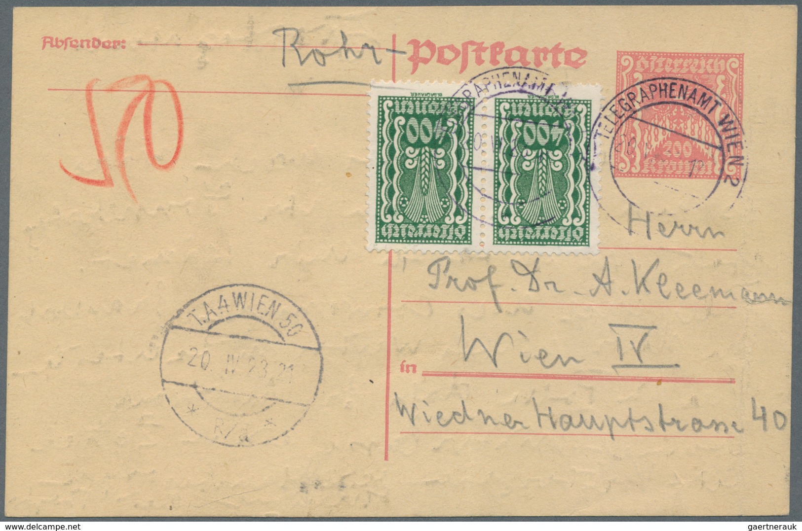 Österreich - Ganzsachen: 1923, 200 Kronen Ganzsachenkarte Rot Mit Zusatzfrankatur 400 Kr. Grün Im Pa - Sonstige & Ohne Zuordnung
