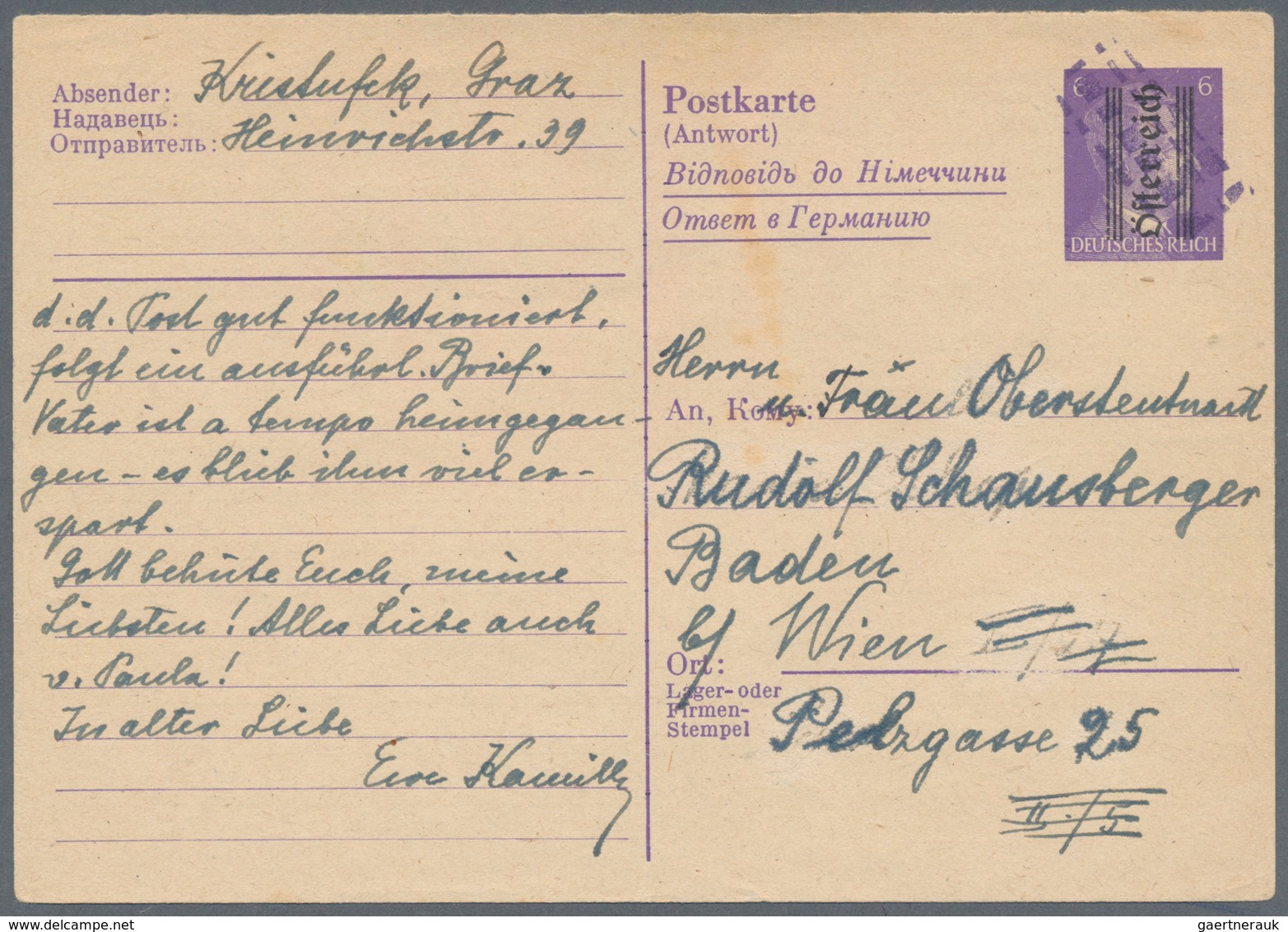 Österreich - Ganzsachen: 1945, Ostarbeiterkarte Des Dt. Reiches 6 Pf. Hitler (Antwortteil) Mit Senkr - Sonstige & Ohne Zuordnung