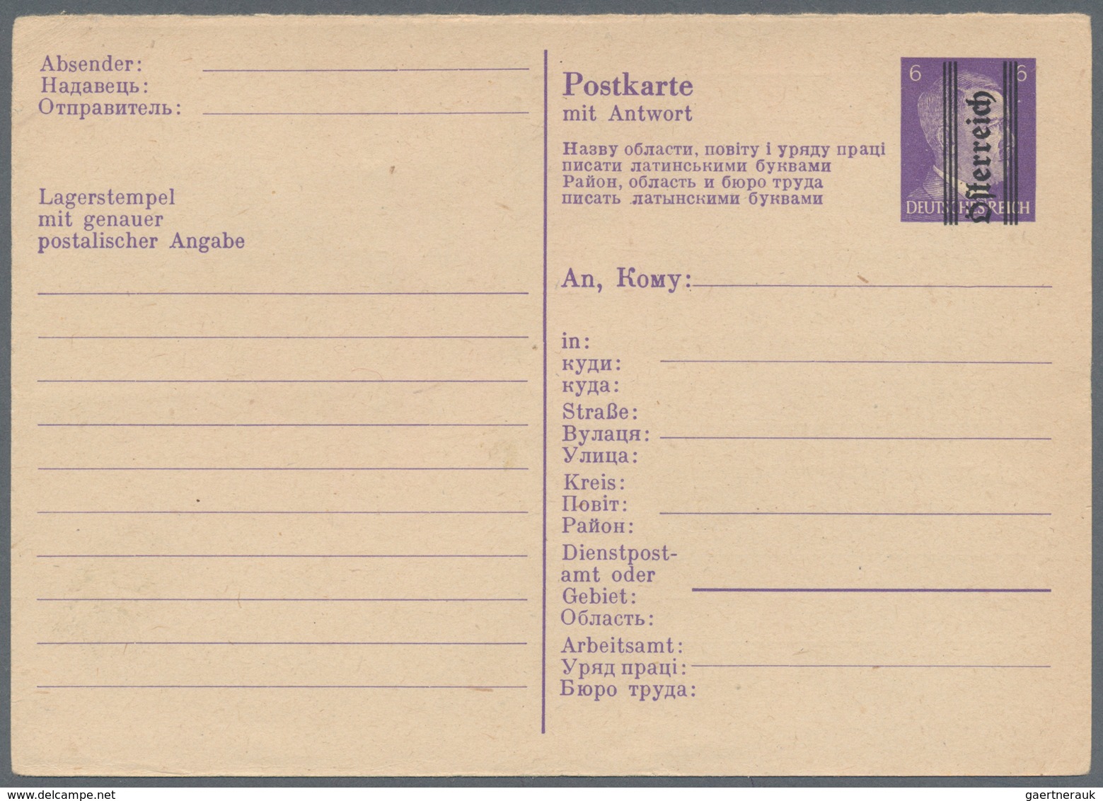 Österreich - Ganzsachen: 1945, Ostarbeiterkarte Des Dt. Reiches 6 Pf. Hitler (Frageteil) Mit Senkrec - Autres & Non Classés