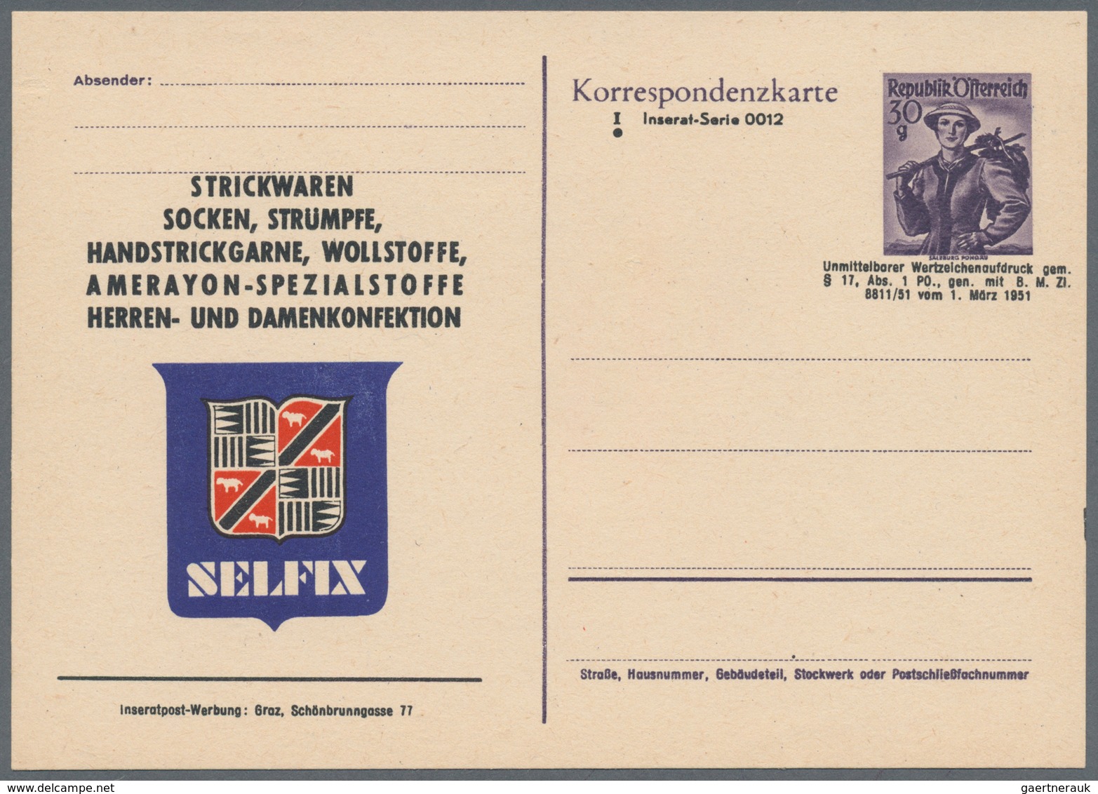 Österreich - Ganzsachen: 1950/1951, Drei Korrespondenzkarten 'Trachten' 30 Gr. Violett (2) Und 70 Gr - Other & Unclassified