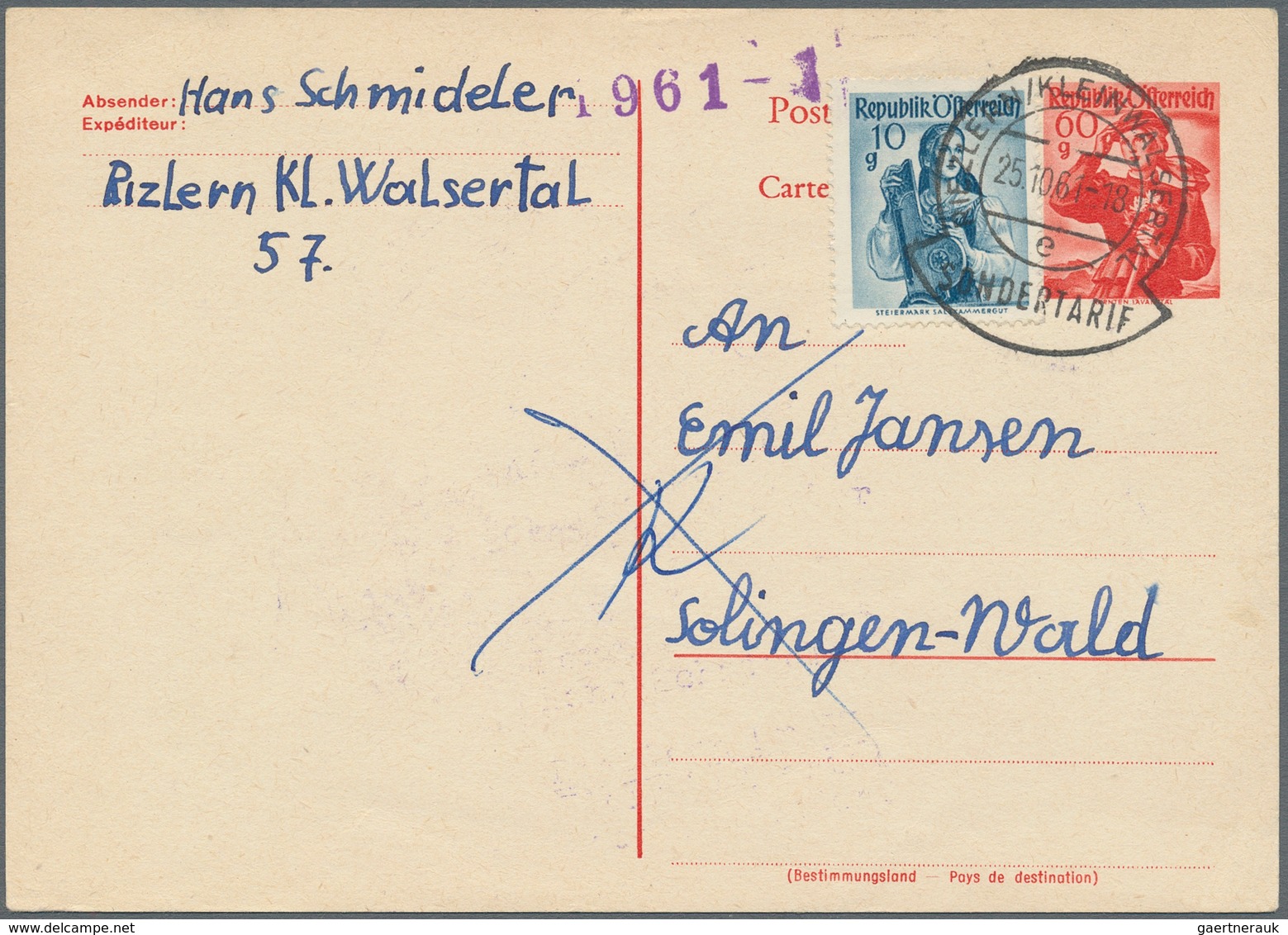 Österreich - Ganzsachen: 1961, KLEINWALSERTAL: 60 G Orangerot "Trachten" Ganzsache Für Die Zollaussc - Autres & Non Classés