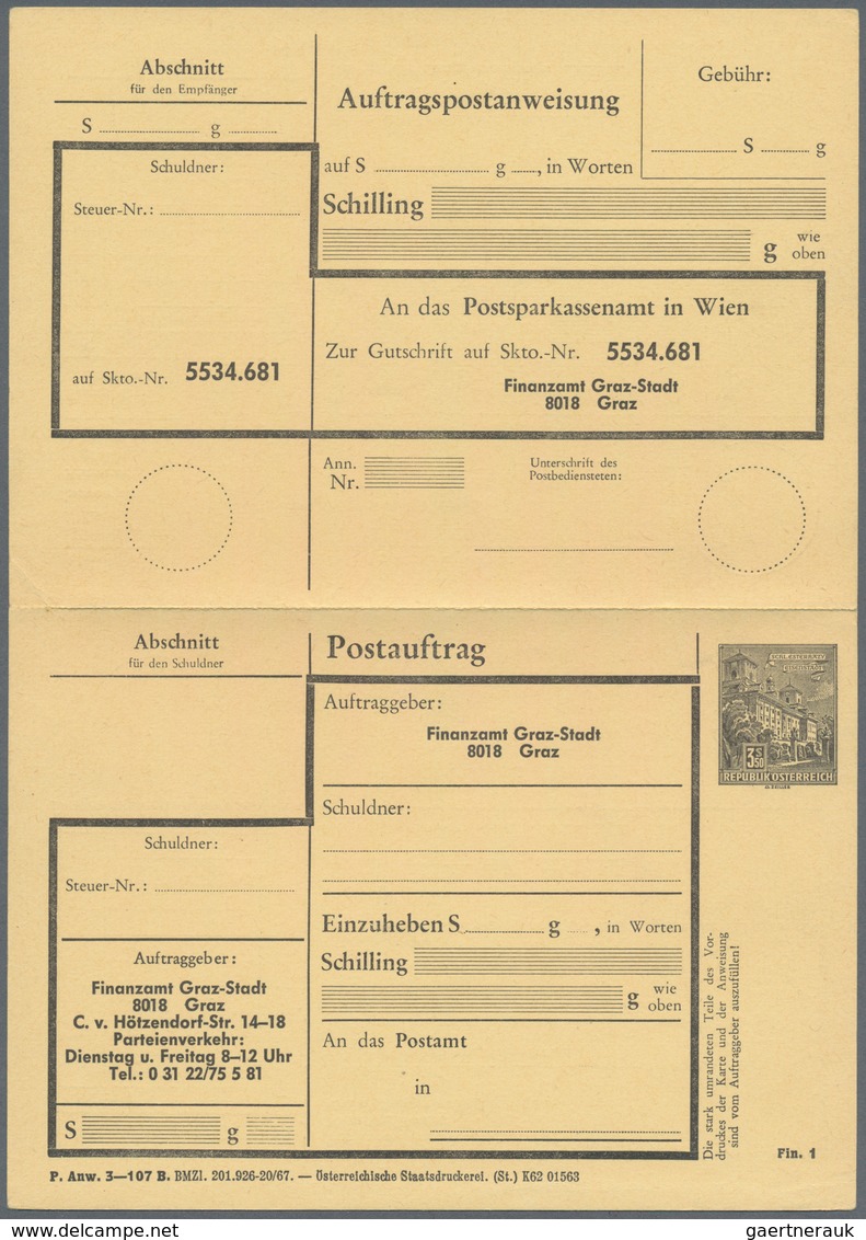 Österreich - Ganzsachen: 1973, POSTAUFTRAG 'Bauten' 3.50 S. Schwarz Mit Zwei Unterschiedl. Vordrucke - Autres & Non Classés