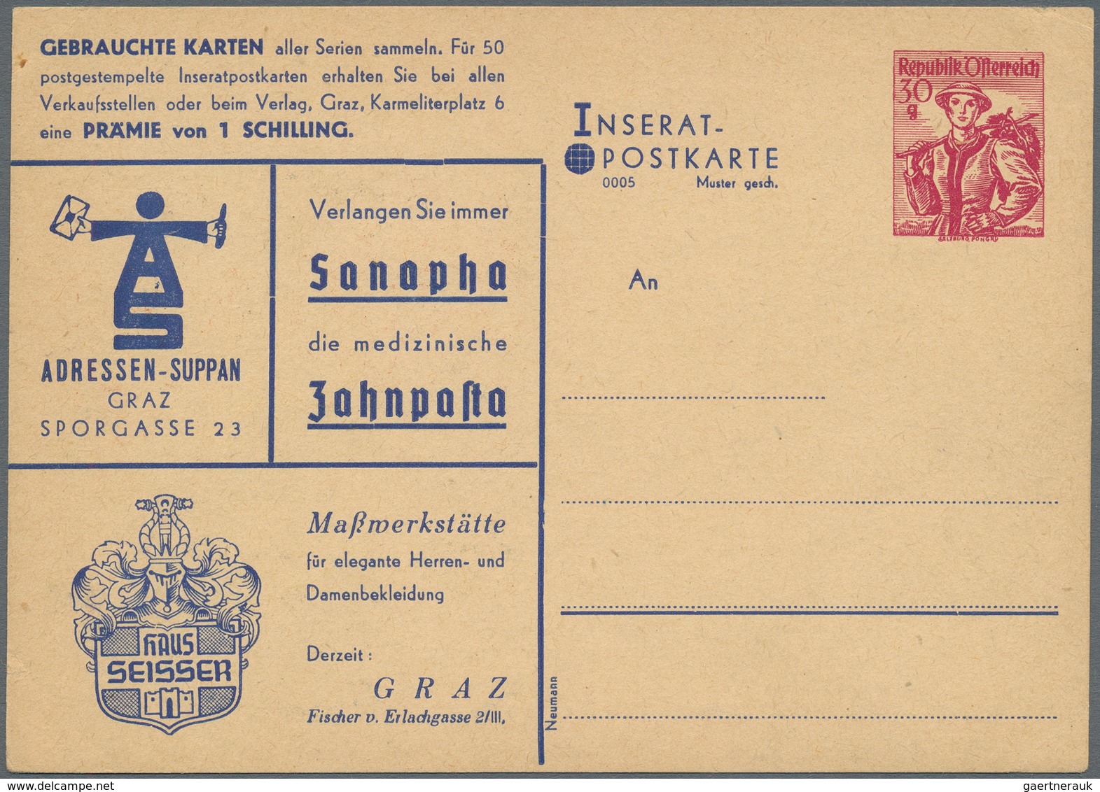 Österreich - Privatganzsachen: 1949, 30 G Rot Trachten, Privat-Inserat-Postkarte Auf Gelblichem Kart - Autres & Non Classés
