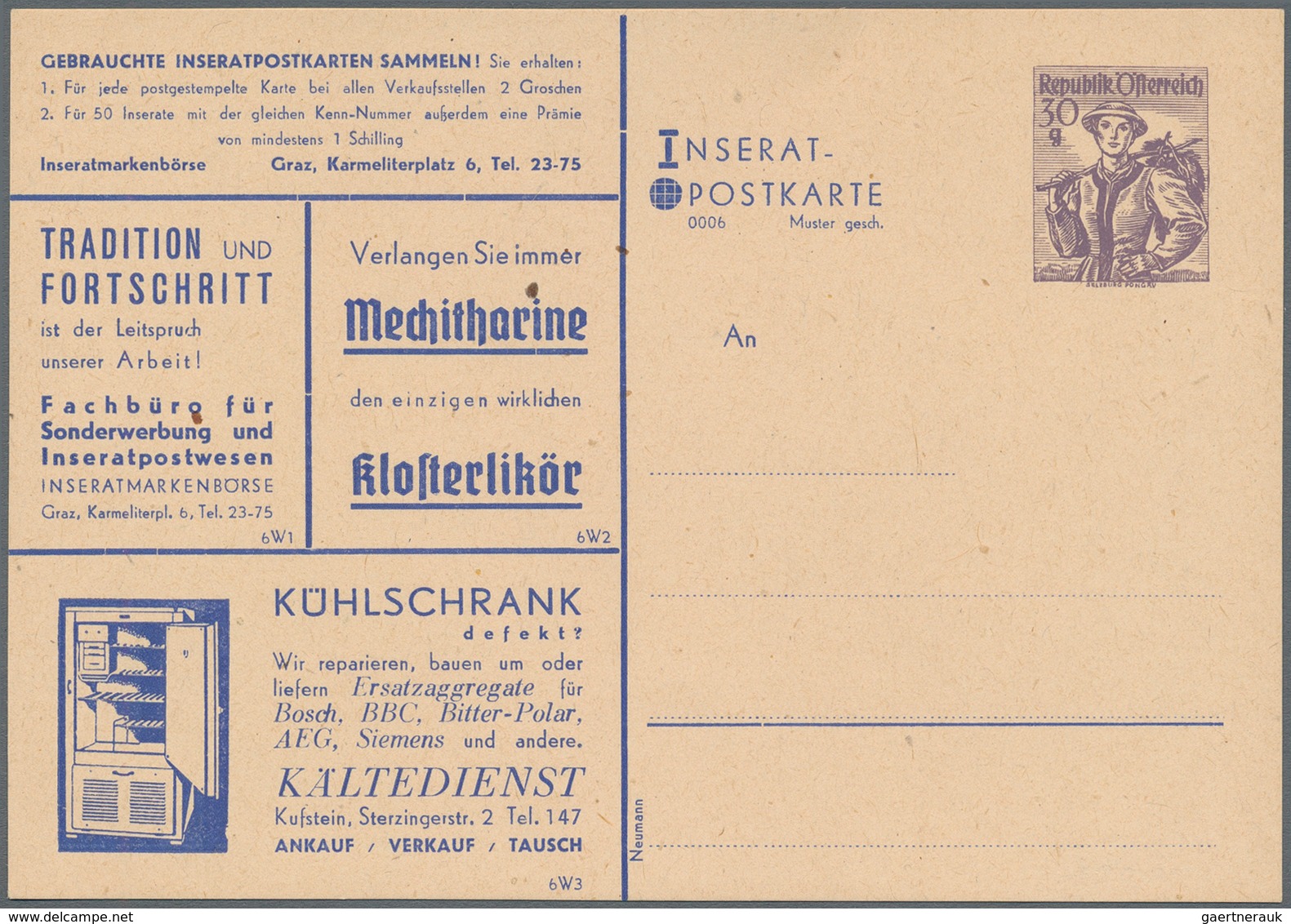 Österreich - Privatganzsachen: 1950, 30 G Violett Trachten, Privat-Inserat-Postkarte, Serie 0006, Mi - Autres & Non Classés