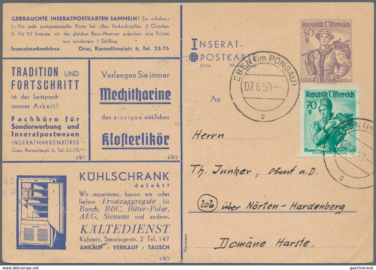 Österreich - Privatganzsachen: 1950, 30 G Violett Trachten, Privat-Inserat-Postkarte, Serie 0006, Mi - Autres & Non Classés