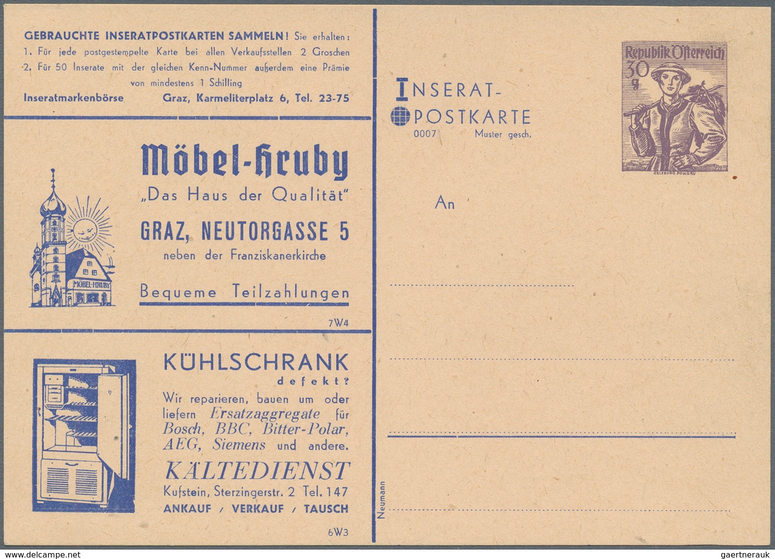 Österreich - Privatganzsachen: 1950, 30 G Violett Trachten, Privat-Inserat-Postkarte, Serie 0007, Mi - Other & Unclassified