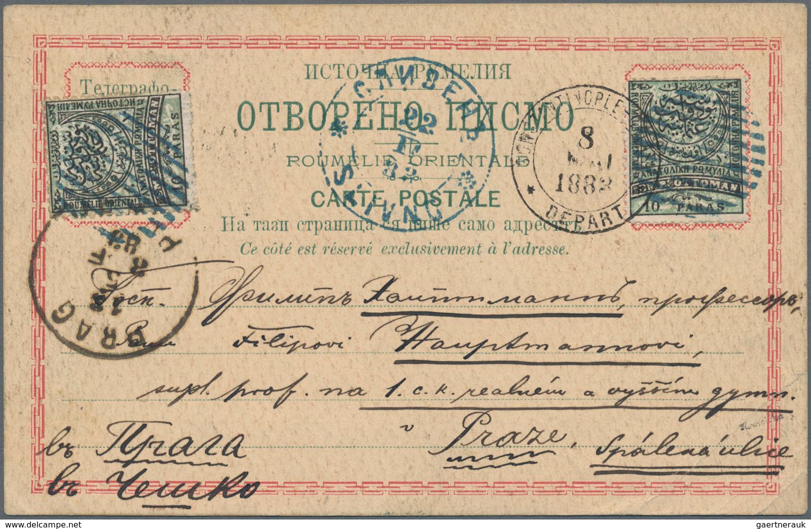 Ostrumelien - Ganzsachen: 1883, 10 Pa Black/green (2), Multiple Frank On Official Postcard Form (sta - Roumélie Orientale