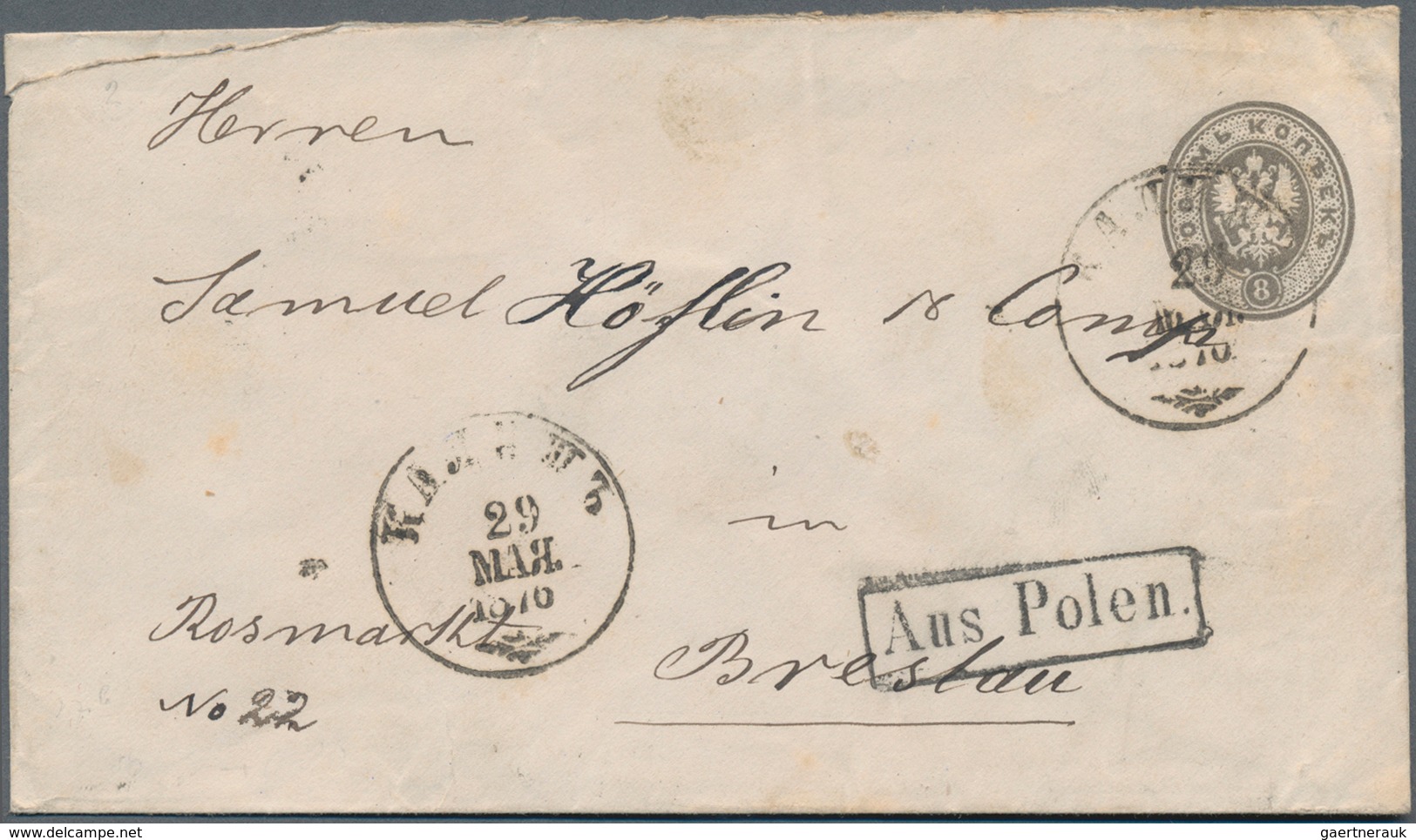 Polen - Russische Periode: 1876 Postal Stationery Envelope From Kalisz To Breslau With Box Stamp "Au - Autres & Non Classés