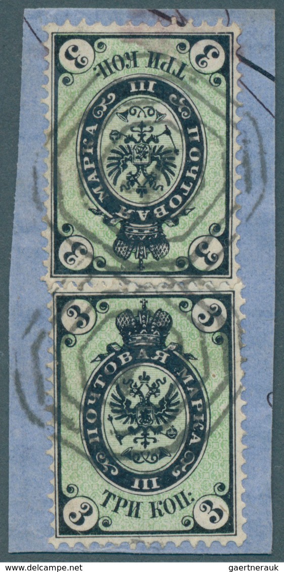 Polen: 1865, 3 Kop. Black Green Two Singles On Piece Used In Poland, Tied By Clear Black Octogonal W - Neufs