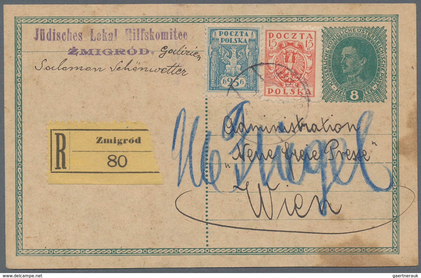 Polen: 1919, Austrian 6 Heller Stat. Card Used As Form With 15 And 25 H. "POCZTA POLSKA" Sent Regist - Neufs