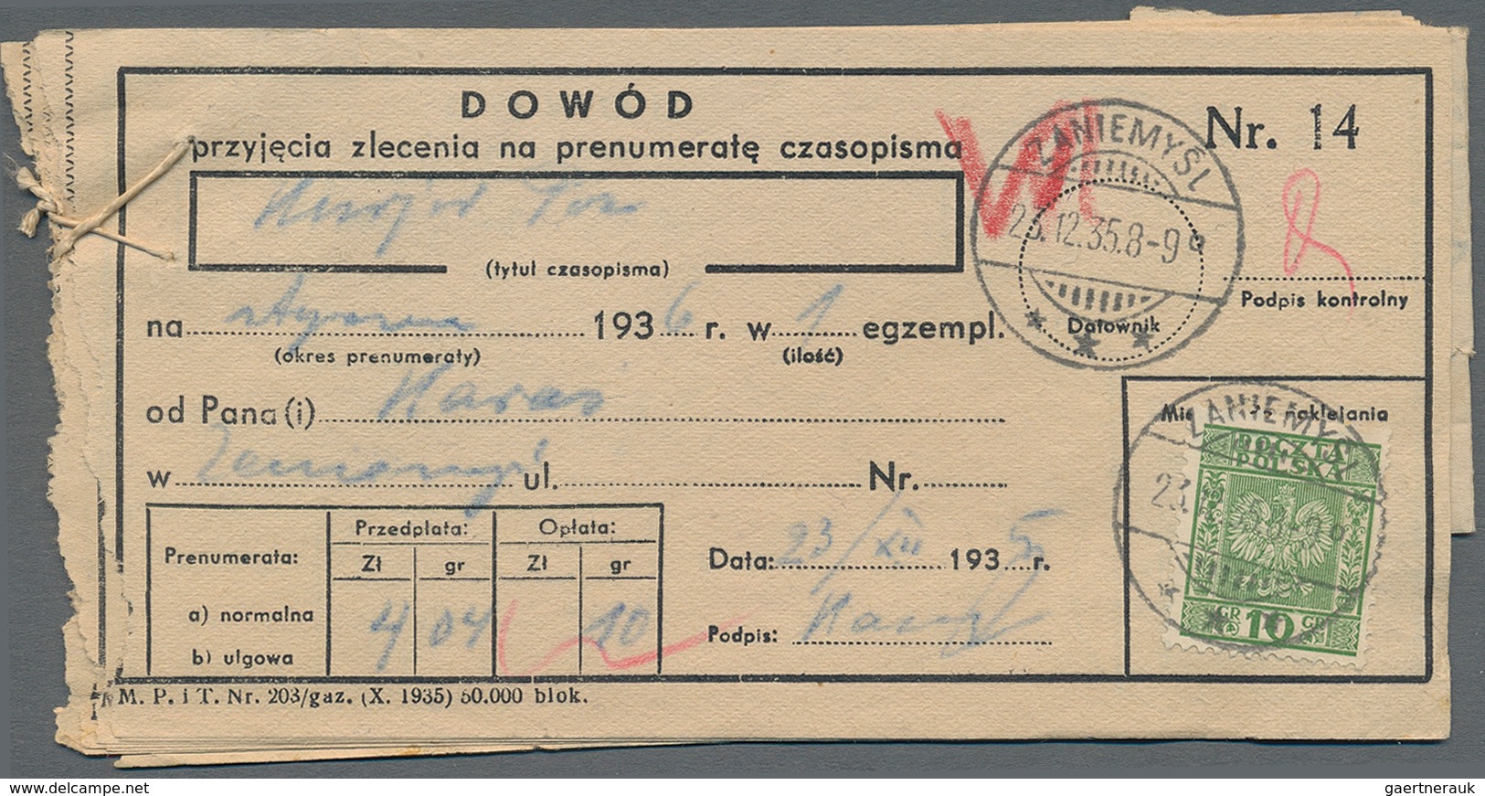 Polen: 1936 Six Bills For Acceptance Of An Order For Prenumerate Magazines With Single Franking Of 1 - Neufs