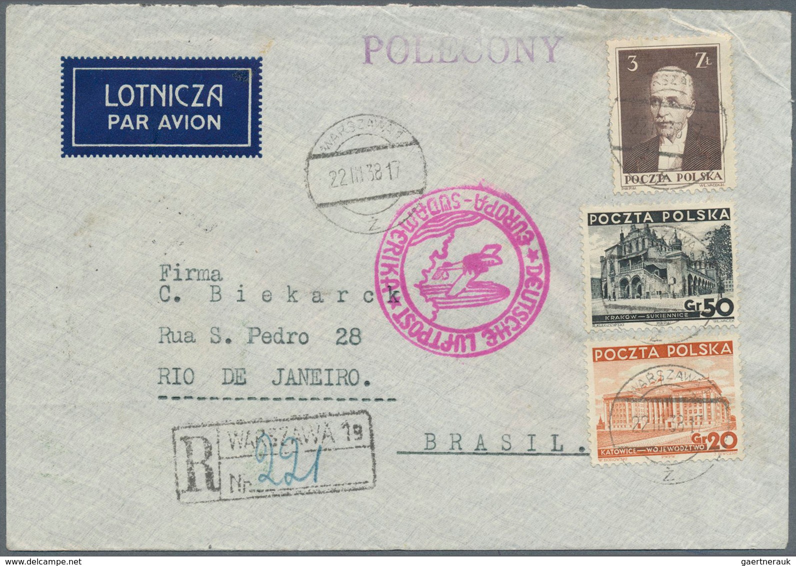 Polen: 1938, 20 Gr Orange, 50 Gr Black And 3 Zl Dark Brown Definitives, Mixed Franking On Registered - Unused Stamps