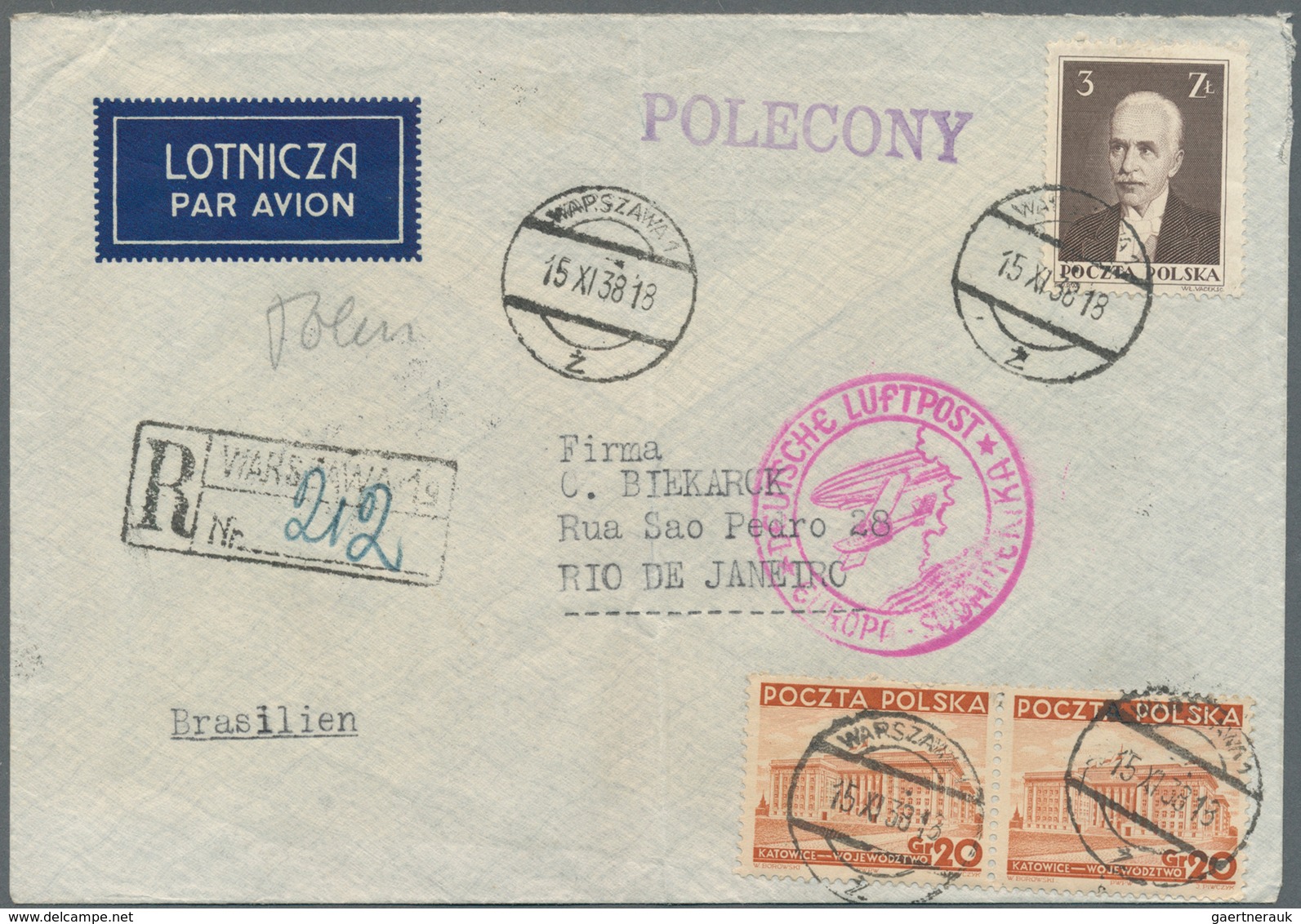 Polen: 1938, 2 X 20 Gr Orange And 3 Zl Dark Brown Definitives, Mixed Franking On Registered Airmail - Ungebraucht