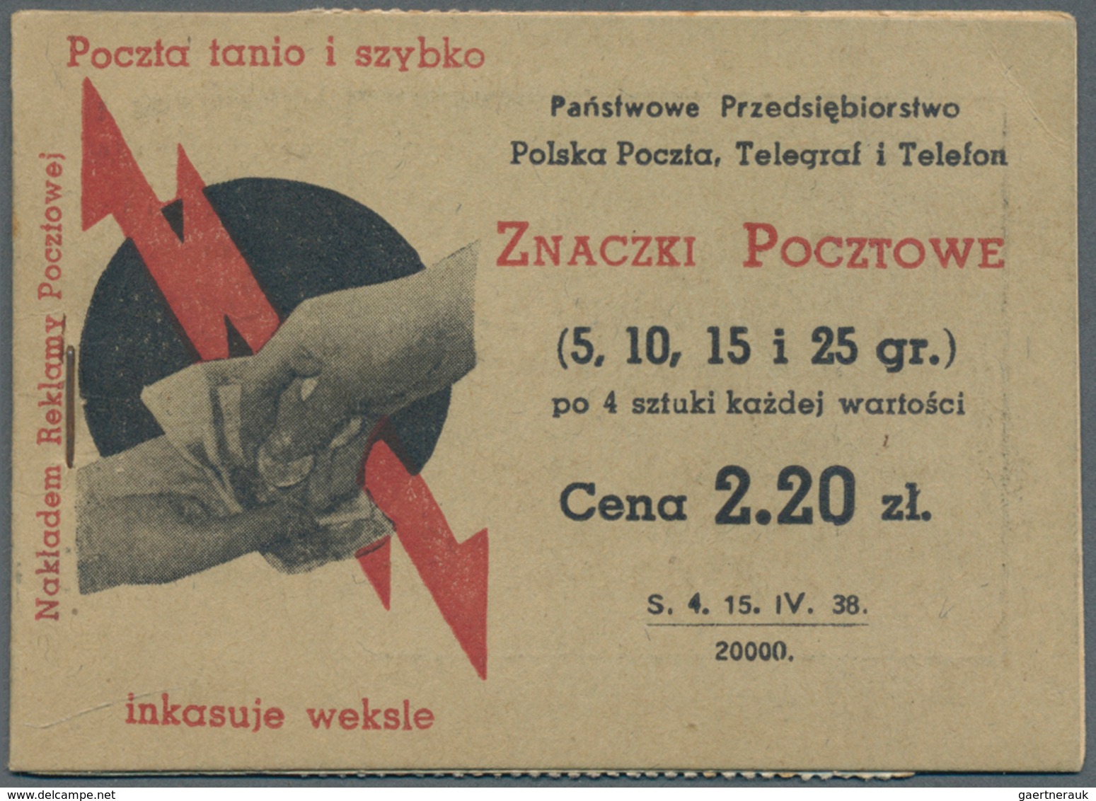 Polen: 1938, Complete Stamp Booklet 2.20zl. Black/red On Creme Containing Four Panes Of Four 5gr., 1 - Ungebraucht