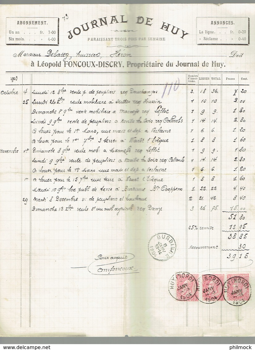 M.Facture Journal De Huy - Obl Burdinne Et Huy(Nord) Le 7-Janv-1904 Sur 58x3 Par Burdinne Vers Héron - 1900 – 1949