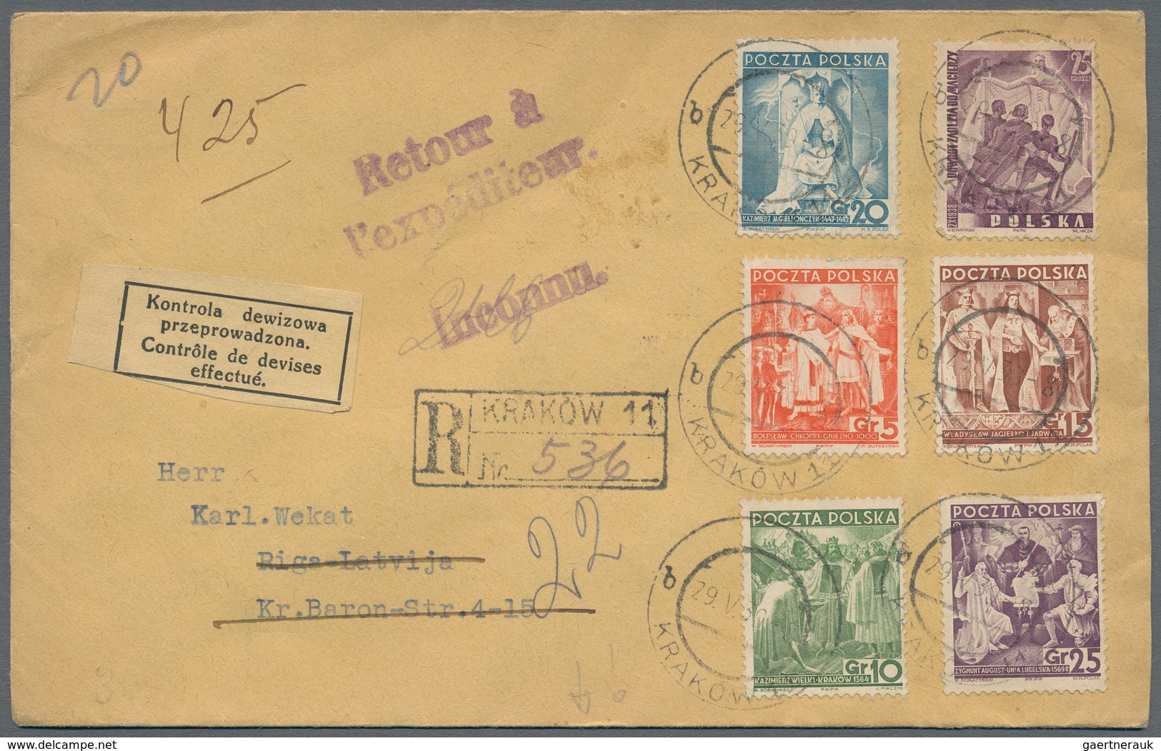 Polen: 1939 Registered Letter From Krakow Submitted To Exchange Control And Labelled There To Riga, - Unused Stamps