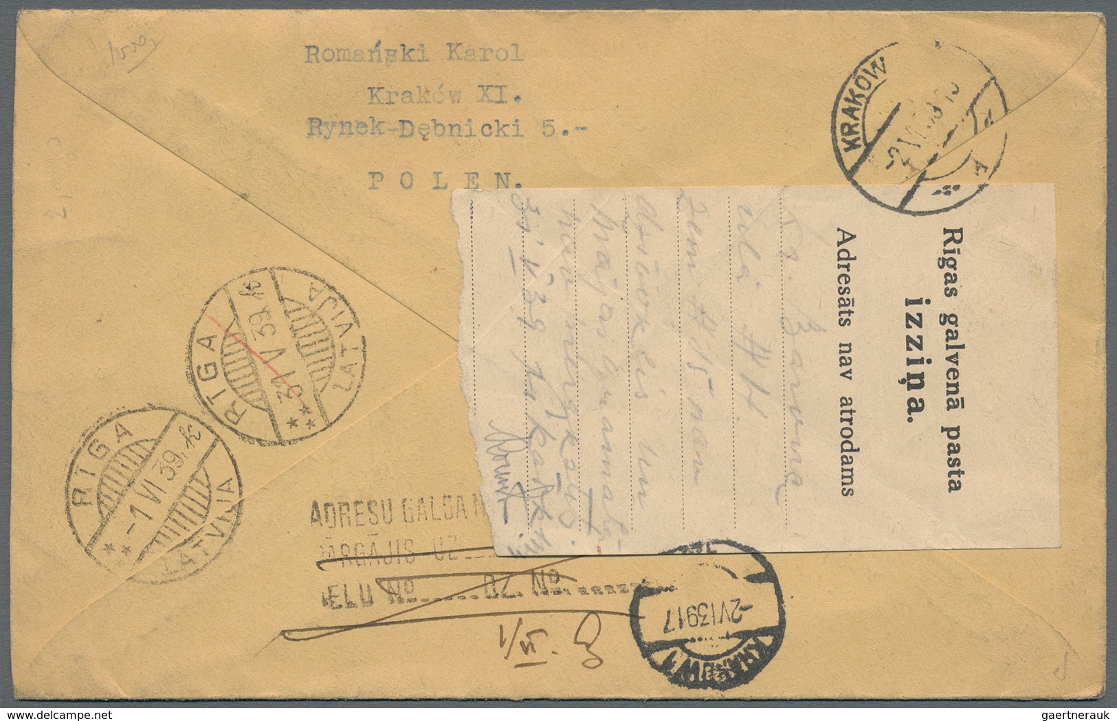 Polen: 1939 Registered Letter From Krakow Submitted To Exchange Control And Labelled There To Riga, - Unused Stamps