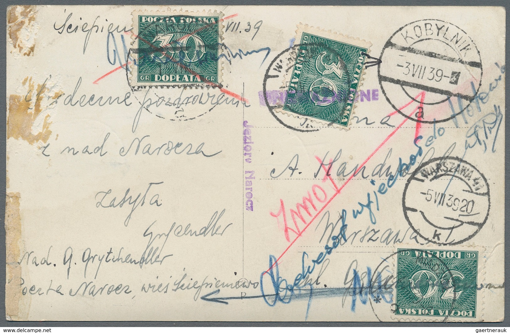 Polen: 1939 Unfranked Postcard Sent From Kobylnik To Warsaw, Postage Due Of 3x30 Groszy Green, With - Ungebraucht