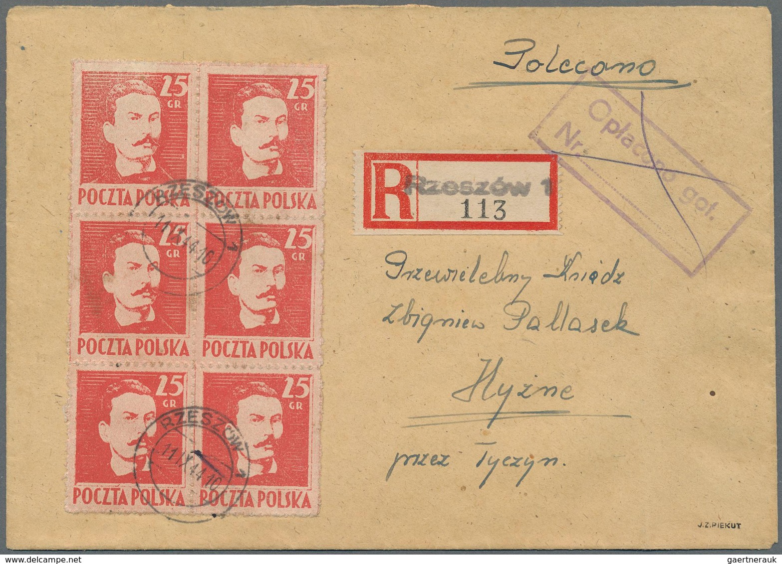 Polen: 1944, Wodzowie 25gr. Red, Block Of Six, Correct 1.50zł. Rate On Registered Cover From "RZESZO - Unused Stamps
