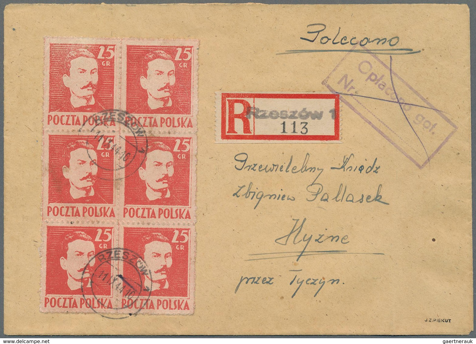 Polen: 1944, Wodzowie 25gr. Red, Block Of Six, Correct 1.50zł. Rate On Registered Cover From "RZESZO - Ungebraucht