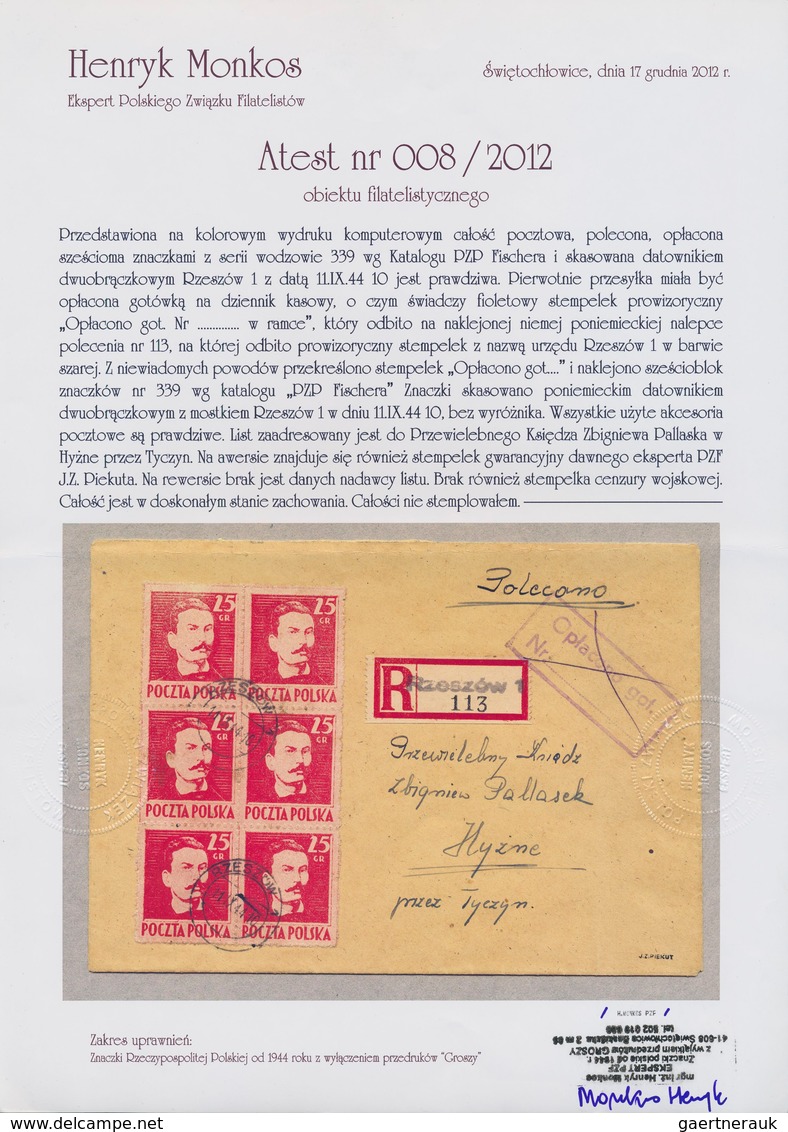 Polen: 1944, Wodzowie 25gr. Red, Block Of Six, Correct 1.50zł. Rate On Registered Cover From "RZESZO - Ungebraucht