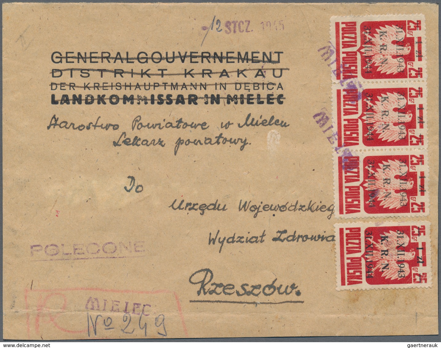 Polen: 1945, 1zł. On 25gr. Carmine, Horizontal Strip Of Three And Single Stamp, Multiple Franking On - Neufs