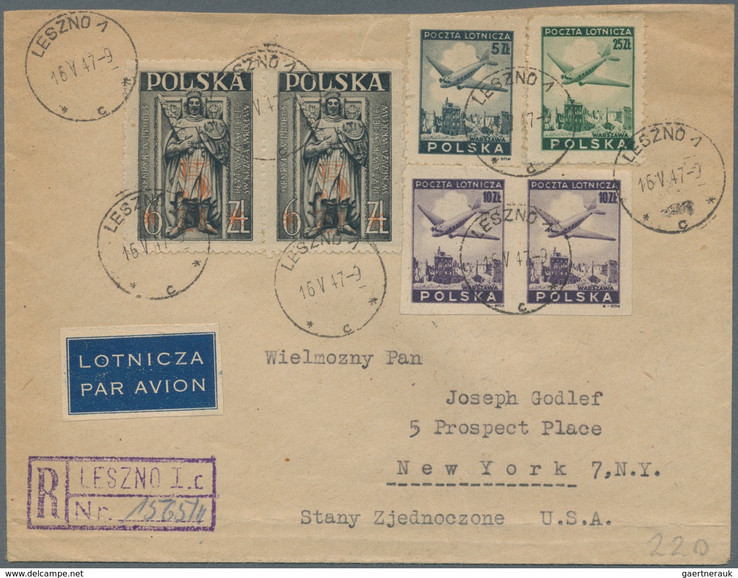 Polen: 1947, Registered Airmail Cover (shortened At Top) From "LEBZNO 1 16.V.47" With 5,10 (2) And 2 - Unused Stamps
