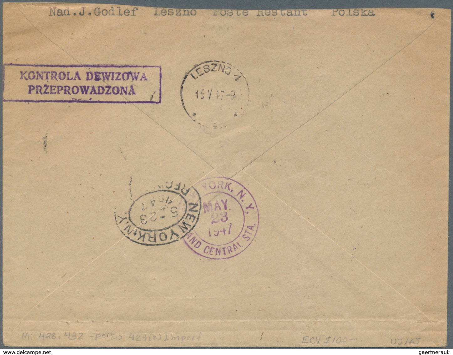 Polen: 1947, Registered Airmail Cover (shortened At Top) From "LEBZNO 1 16.V.47" With 5,10 (2) And 2 - Neufs