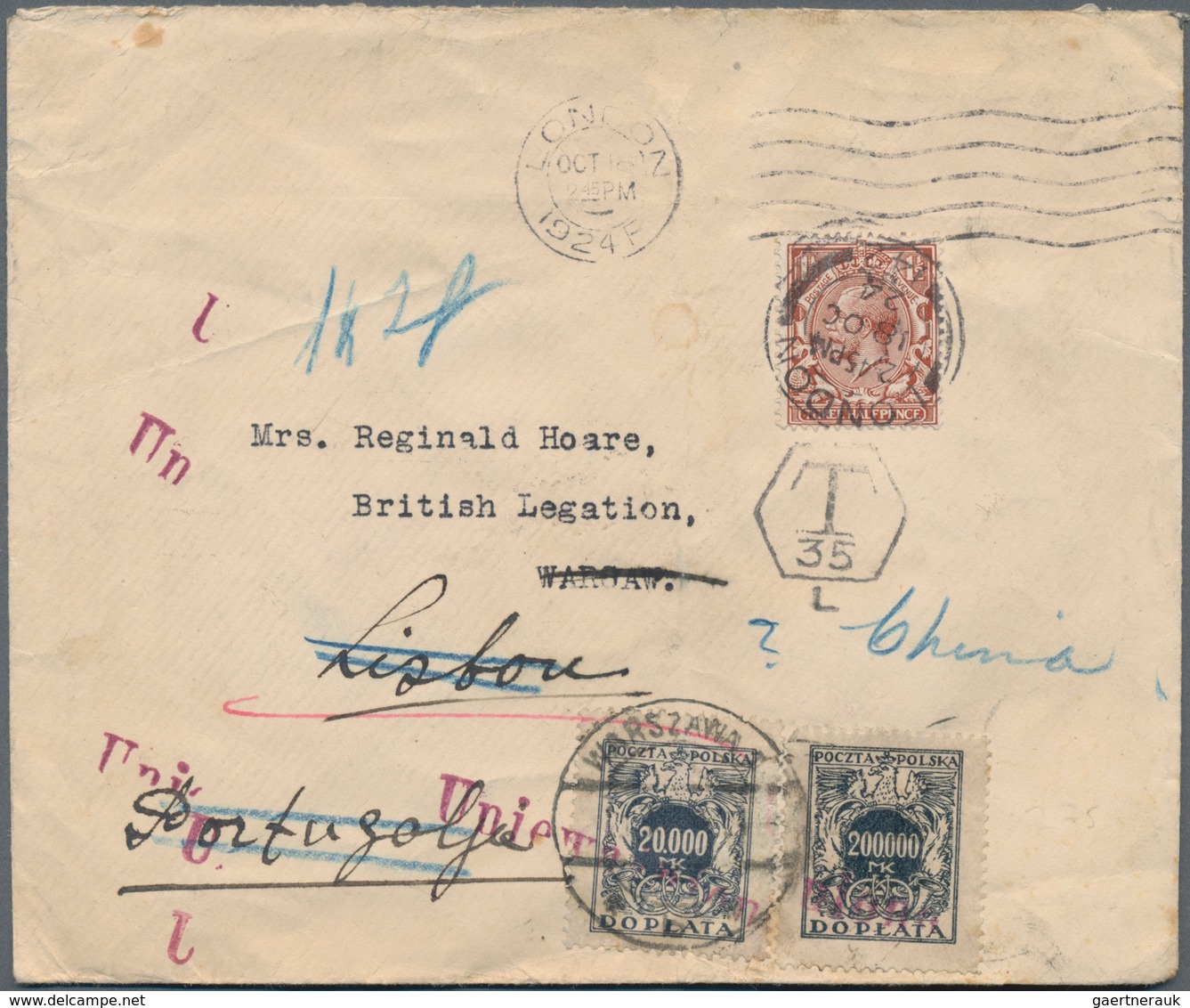 Polen - Portomarken: 1924. Envelope (vertical Fold) Addressed To 'The British Legation, Warsaw' Bear - Portomarken