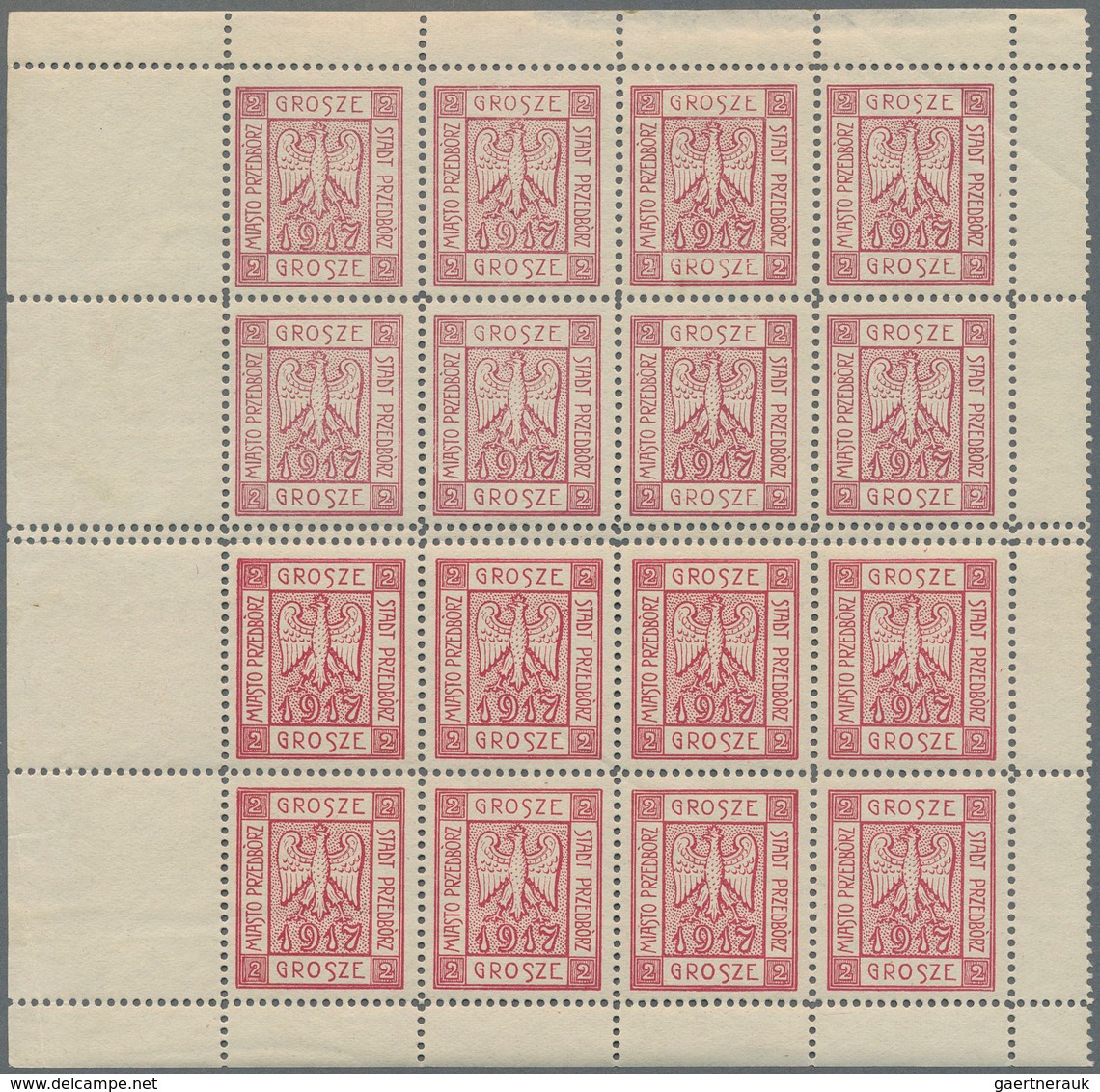 Polen - Bestellpostanstalten: PRZEDBORZ 1917, 2gr. Carmine, Perforated 11½, Block Of 16 (=left Half - Autres & Non Classés