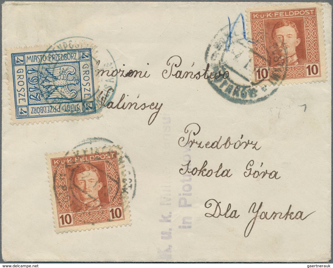 Polen - Bestellpostanstalten: PRZEDBORZ 1917, 4gr. Blue Perforated, Type 7, Paying Local Charge On C - Autres & Non Classés