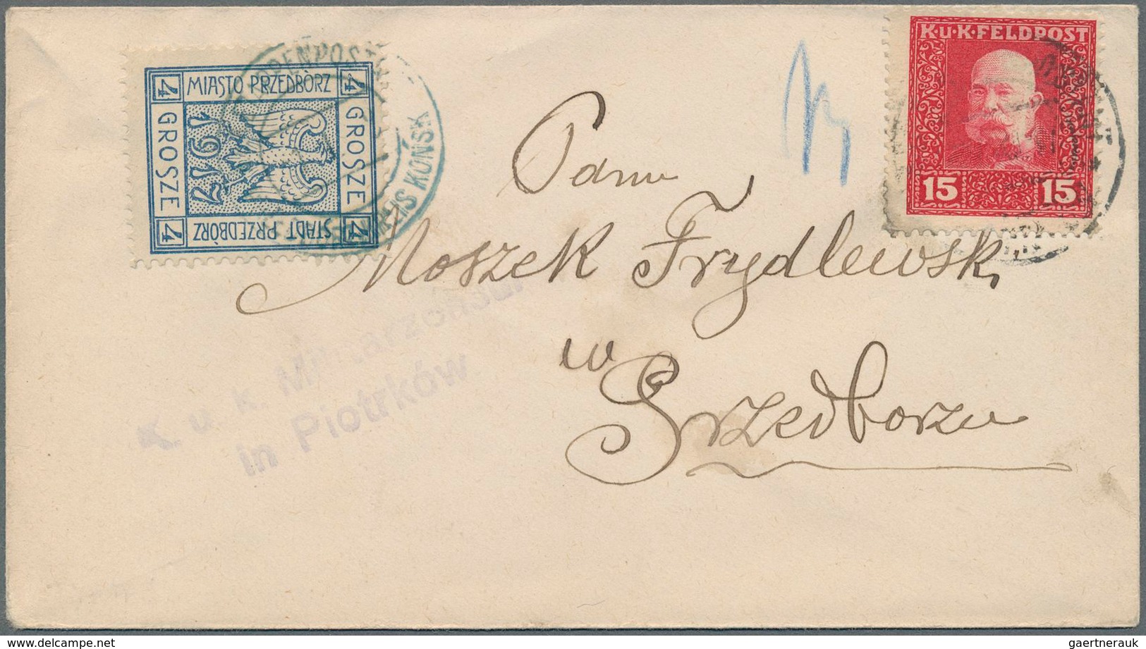 Polen - Bestellpostanstalten: PRZEDBORZ 1917, 4gr. Blue Perforated, Type 4, Paying Local Charge On C - Autres & Non Classés