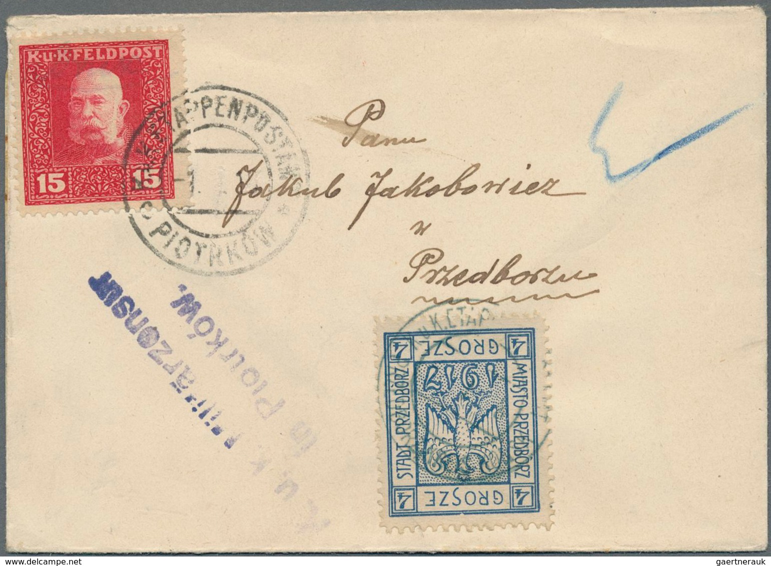 Polen - Bestellpostanstalten: PRZEDBORZ 1917, 4gr. Blue Perforated, Type 1, Paying Local Charge On C - Sonstige & Ohne Zuordnung