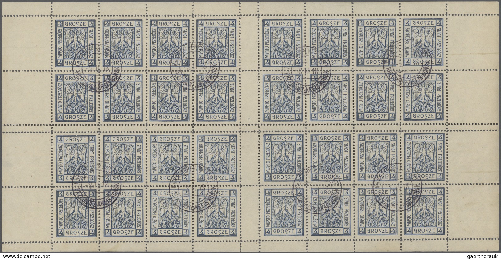 Polen - Bestellpostanstalten: PRZEDBORZ 1917, 4gr. Blue, Perforated 11½, Complete Sheet Of 32 Stamps - Sonstige & Ohne Zuordnung