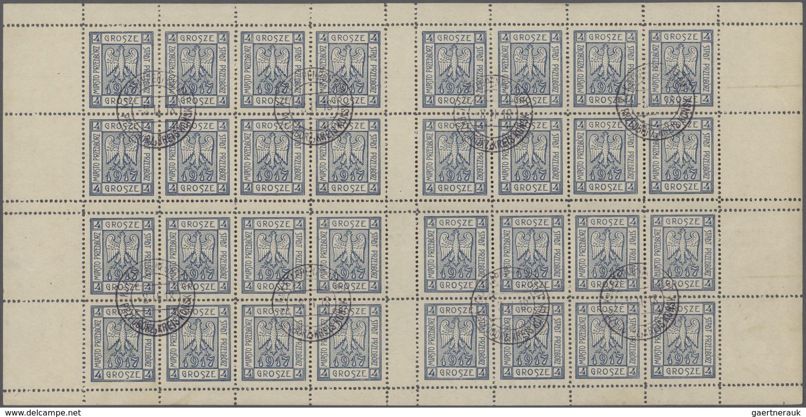 Polen - Bestellpostanstalten: PRZEDBORZ 1917, 4gr. Blue, Perforated 11½, Complete Sheet Of 32 Stamps - Other & Unclassified