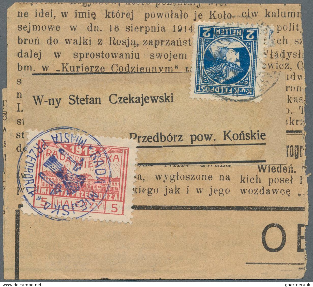 Polen - Bestellpostanstalten: PRZEDBORZ 1918, 5h. Red Paying Local Charge On Wrapper Franked With Au - Autres & Non Classés