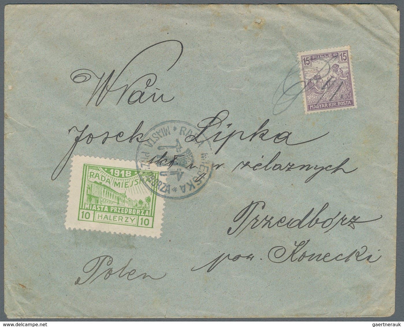 Polen - Lokalausgaben 1915/19: 1918, PRZEDBOCZ, 10 H. Local Stamp Cancelled With Blue Circle "RADA M - Sonstige & Ohne Zuordnung